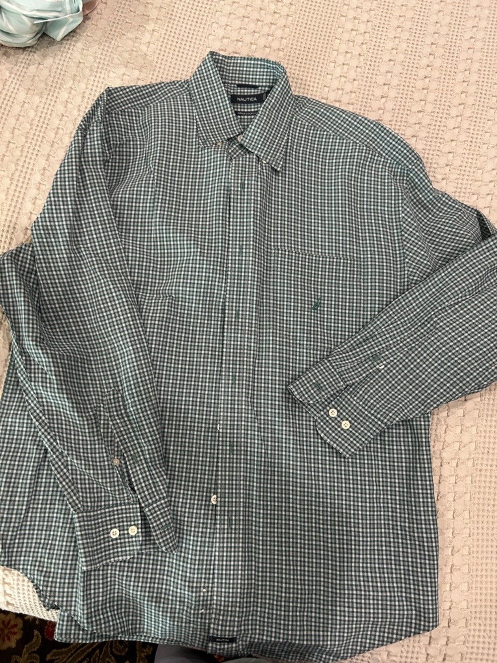 Nautica Men's Green and White Micro-Check Dress Shirt